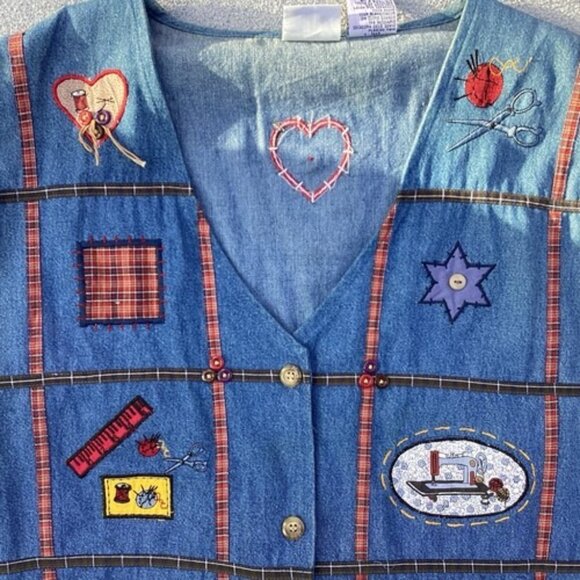 Vintage Bobbie Brooks Denim Vest size XL 16/18 School Unique Folk Art Craftcore - Picture 5 of 9